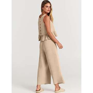 ANRABESS Women Summer 2 Piece Outfits Sleeveless Tank Crop Top Wide Leg Pants Linen Jumpsuits Lounge Matching Beach Sets Apricot Medium