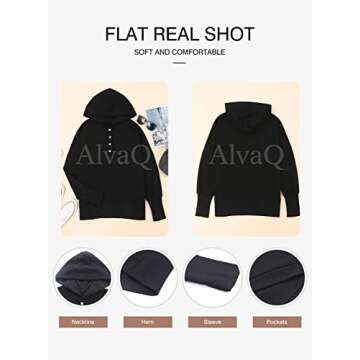 AlvaQ Women Black Sweatshirt V Neck Long Sleeve Button Up Pullover Hoodies Oversize Hooded Tops with Pocket Fashion 2024 Black Medium