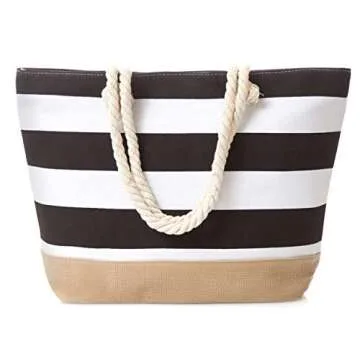 Leisureland Canvas Tote Beach Bag - Water Resistant Shoulder Tote (Stripe Black)