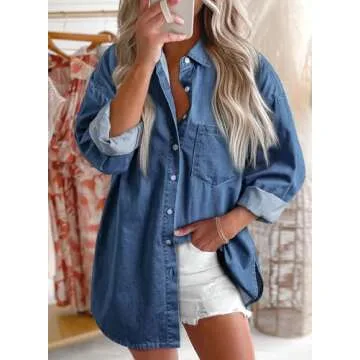Astylish Women Denim Blouse Chambray Boyfriend Shirts V Neck Elegant Long Sleeve Basic Button Down T...