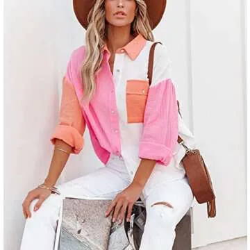 Chouyatou Women's Color Block Button Down Shirt Blouse