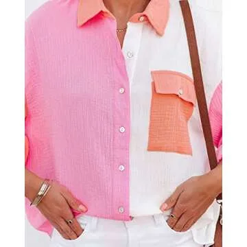 Chouyatou Women's Color Block Button Down Shirt Blouse