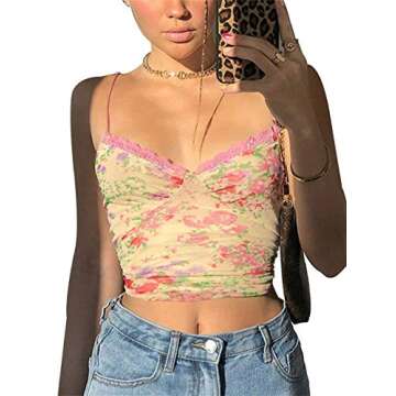 Women Lace Crop Top Sexy Strap Tank Top Backless Slim E-Girl Camis Sleeveless Summer See Through Cam...
