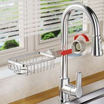 LONIN 3in1 Kitchen Faucet Organizer Rack - Sponge Holder, Scrub Daddy Sponge, Dish Brush Stand, Soap Holder, Stainless Steel Multifunction Sink Caddy