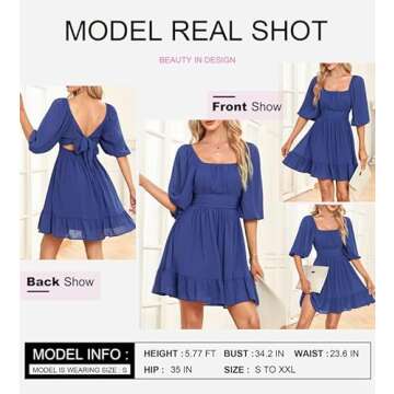 Dokotoo Womens Square Neck Summer Dresses Shirred Elastic Waist Tie Backless Sexy Dress Puff Sleeve ...