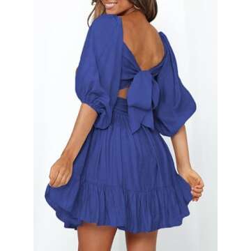 Dokotoo Womens Square Neck Summer Dresses Shirred Elastic Waist Tie Backless Sexy Dress Puff Sleeve Ruffle A-Line Casual Blue Mini Dress for Wedding Guest Small