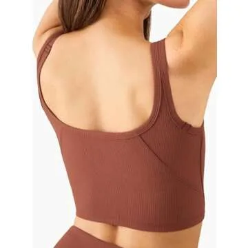 Chilylori Women's Seamless Sports Bra Workout Crop Top Ribbed Padded Longline Wirefree Medium Support Tank Tops Fitness Bras Top Workout Tops for Women Sports Bra Bronze L