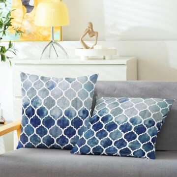 CaliTime Cushion Covers Cushion Cover Pack of 2 Cosy Cushion Covers for Couch Bed Sofa Hand Painted Colourful Geometric Grid Chain Print 45 cm x 45 cm Main Grey Navy Blue