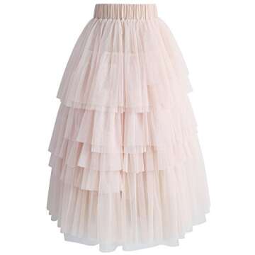 Chicwish Pink Tiered Layered Tulle A-line Midi Skirt for Women