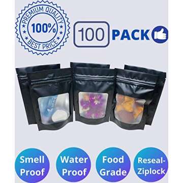 100 Pack Resealable Smell Proof bags- Black Mylar bags I Stand up pouch 4x6" I Small mylar bag for M...