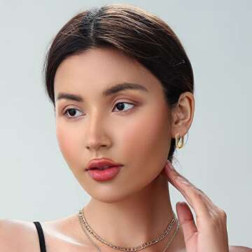 Gold Chunky Hoop Earrings Set for Women, 14K Gold Plated Twisted Huggie Hoop Earring Hypoallergenic, Thick Open Hoops Set Lightweight