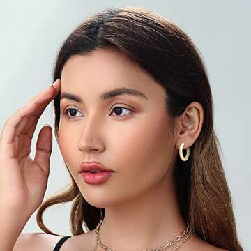 Gold Chunky Hoop Earrings Set for Women, 14K Gold Plated Twisted Huggie Hoop Earring Hypoallergenic, Thick Open Hoops Set Lightweight