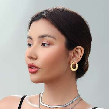 Gold Chunky Hoop Earrings Set for Women, 14K Gold Plated Twisted Huggie Hoop Earring Hypoallergenic, Thick Open Hoops Set Lightweight