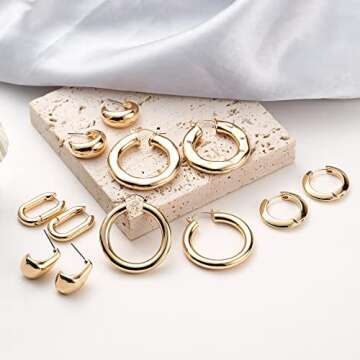 Gold Chunky Hoop Earrings Set for Women, 14K Gold Plated Twisted Huggie Hoop Earring Hypoallergenic, Thick Open Hoops Set Lightweight