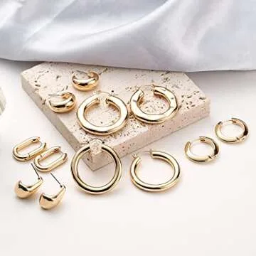 Gold Chunky Hoop Earrings Set for Women, 14K Gold Plated Twisted Huggie Hoop Earring Hypoallergenic, Thick Open Hoops Set Lightweight