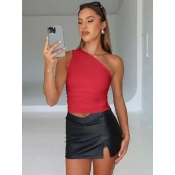 Trendy Queen Womens Going Out Tops Summer One Off Shoulder Tank Tube Crop Outfit Cute Shirts Cami Corset Fashion Clothes Red M