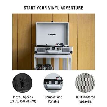 Crosley CR8005F-WS Cruiser Plus Vintage 3-Speed Bluetooth in/Out Suitcase Vinyl Record Player Turntable, White Sand