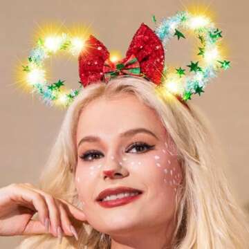 CASDRE Christmas Light up Mouse Ear Headband Xmas Bow Hair Hoop Bell Sparkle Headbands Party Hair Ac...