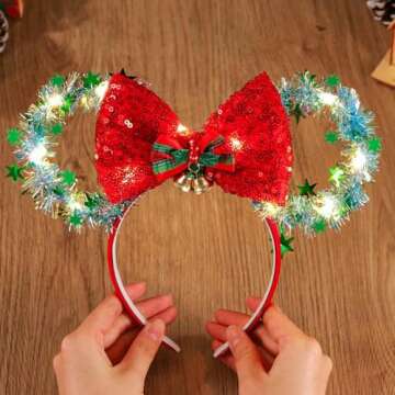 CASDRE Christmas Light up Mouse Ear Headband Xmas Bow Hair Hoop Bell Sparkle Headbands Party Hair Accessories for Women and Girls (A Red Green)