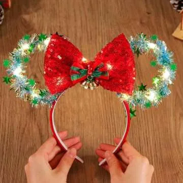 CASDRE Christmas Light up Mouse Ear Headband Xmas Bow Hair Hoop Bell Sparkle Headbands Party Hair Accessories for Women and Girls (A Red Green)