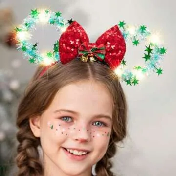 CASDRE Christmas Light up Mouse Ear Headband Xmas Bow Hair Hoop Bell Sparkle Headbands Party Hair Accessories for Women and Girls (A Red Green)