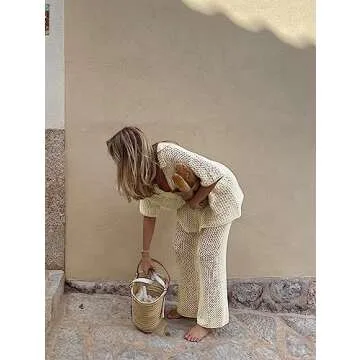 Famulily Beach Cover Up Pants 2 Piece Pants Set Bathing Suit Cover Up 2pc Crochet Sets for Women Crochet Sets Two Piece Women Beige M