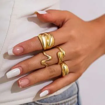 Inactwin Gold Chunky Rings Set for Women 14K Stackable Dome Statement Rings Vintage Dainty Knuckle Open Midi Finger Rings Gold Jewelry Prom Costume Accessories Set of 4-10 (4Pcs Gold Chunky Rings -2)