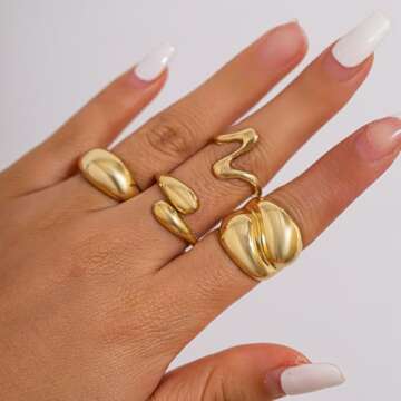 Inactwin Gold Chunky Rings Set for Women 14K Stackable Dome Statement Rings Vintage Dainty Knuckle Open Midi Finger Rings Gold Jewelry Prom Costume Accessories Set of 4-10 (4Pcs Gold Chunky Rings -2)