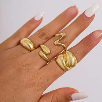 Inactwin Gold Chunky Rings Set for Women 14K Stackable Dome Statement Rings Vintage Dainty Knuckle Open Midi Finger Rings Gold Jewelry Prom Costume Accessories Set of 4-10 (4Pcs Gold Chunky Rings -2)