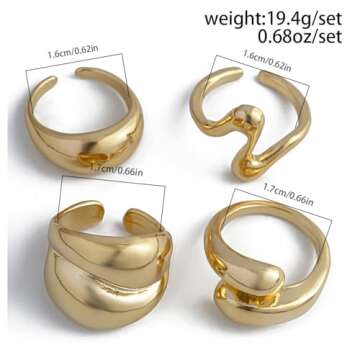 Inactwin Gold Chunky Rings Set for Women 14K Stackable Dome Statement Rings Vintage Dainty Knuckle Open Midi Finger Rings Gold Jewelry Prom Costume Accessories Set of 4-10 (4Pcs Gold Chunky Rings -2)