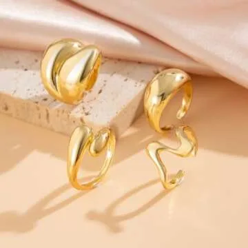 Inactwin Gold Chunky Rings Set for Women 14K Stackable Dome Statement Rings Vintage Dainty Knuckle Open Midi Finger Rings Gold Jewelry Prom Costume Accessories Set of 4-10 (4Pcs Gold Chunky Rings -2)