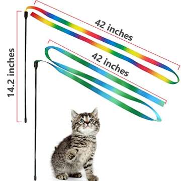 LASOCUHOO Interactive Cat Rainbow Wand Toys, Interactive Cat Teaser Wand String, Colorful Ribbon Charmer for Most Cats and Kittens - 2 PCS