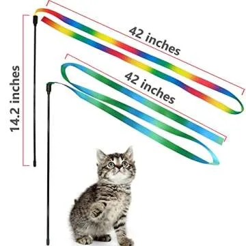 LASOCUHOO Interactive Cat Rainbow Wand Toys, Interactive Cat Teaser Wand String, Colorful Ribbon Charmer for Most Cats and Kittens - 2 PCS