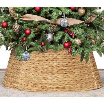 KOLWOVEN 28in Christmas Tree Collar Large to Small Christmas Tree, Woven Christmas Tree Ring Adjustable Skirt, Christmas Tree Skirt for Decoration, Base Protection from Pets (Water Hyacinth)