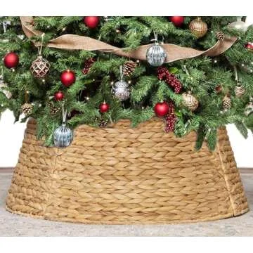 KOLWOVEN 28in Christmas Tree Collar Large to Small Christmas Tree, Woven Christmas Tree Ring Adjustable Skirt, Christmas Tree Skirt for Decoration, Base Protection from Pets (Water Hyacinth)