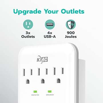 KMC 3-Outlet Wall Mount Surge Protector, 900 Joules, 4 USB Charging Ports, Phone Holder Cradle for H...