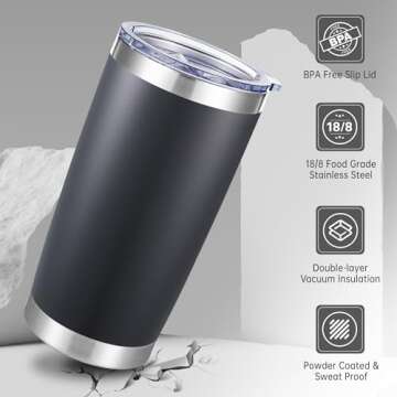 20 oz Tumblers Bulk Stainless Steel Tumbler with Lid Double Wall Vacuum Insulated Coffee Mug 20oz Powder Coated Cup for Hot and Cold Drinks, Black, 12 pack