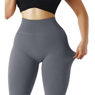 SUUKSESS Women Ribbed Seamless Leggings High Waisted Tummy Control Workout Yoga Pants (Grey, S)