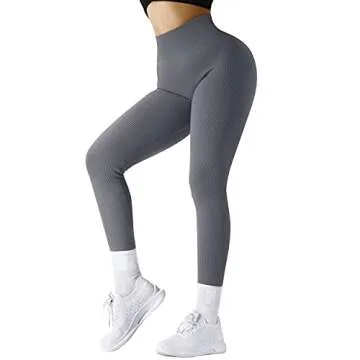 SUUKSESS Women Ribbed Seamless Leggings High Waisted Tummy Control Workout Yoga Pants (Grey, S)