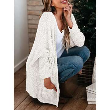 Saodimallsu Womens Chunky Popcorn Cardigan Oversized Open Front Boyfriend Batwing Long Sleeve Knit Sweaters White