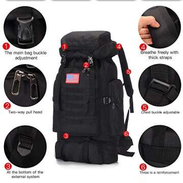 70l Hiking Backpack for Men Waterproof Military Camping Rucksack Travel Daypack