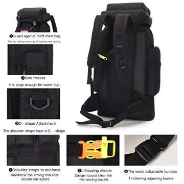70l Hiking Backpack for Men Waterproof Military Camping Rucksack Travel Daypack
