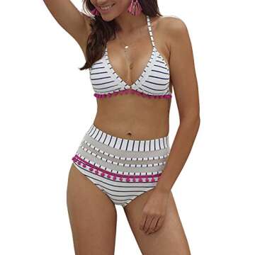 Heymiss Womens Two Pieces Swimsuits Halter Striped Tassel Bikini Set High Waisted Bathing Suit Swimw...