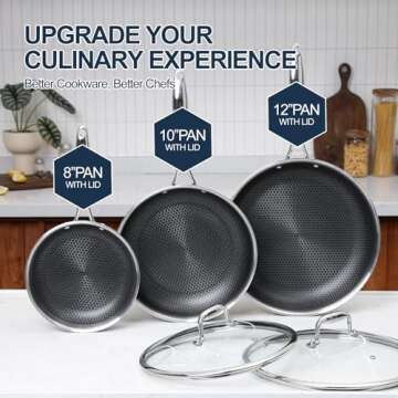 DELUXE Hybrid Nonstick Fry Pan Set 5-Piece, 8, 10 and 12-Inch Frying Pan Cookware Set with Glass Lid...
