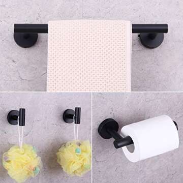 GERZWY Modern Matte Black 4-Piece Bathroom Hardware Set 12-Inch Towel Bar Toilet Paper Holder and 2X Towel Hook Wall Mounted SUS 304 Stainless Steel