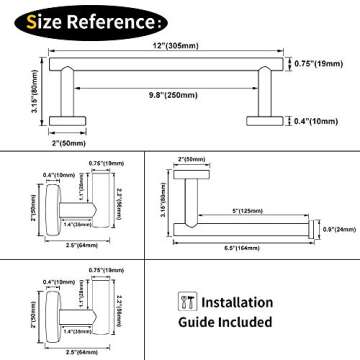GERZWY Modern Matte Black 4-Piece Bathroom Hardware Set 12-Inch Towel Bar Toilet Paper Holder and 2X Towel Hook Wall Mounted SUS 304 Stainless Steel