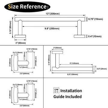 GERZWY Modern Matte Black 4-Piece Bathroom Hardware Set 12-Inch Towel Bar Toilet Paper Holder and 2X Towel Hook Wall Mounted SUS 304 Stainless Steel