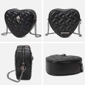 Rejolly Quilted Heart Shaped Purse for Women Crossbody Bag PU Leather Shoulder Bag Cute Diamond Clutch Purse with Chain Strap Black