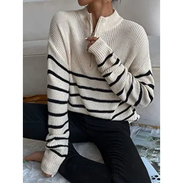 MakeMeChic Women's Casual Striped Half Zip Up Drop Shoulder Long Sleeve Sweater Pullover Top Apricot XS