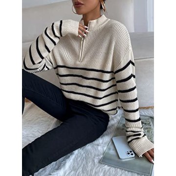 MakeMeChic Women's Casual Striped Half Zip Up Drop Shoulder Long Sleeve Sweater Pullover Top Apricot XS